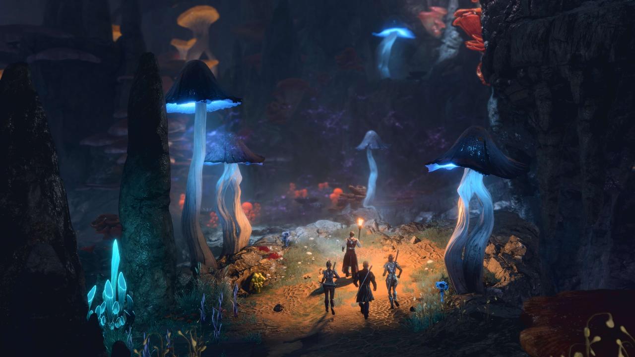 Baldur's Gate 3: Gruppe von Abenteurern erkundet Underdark Höhle mit leuchtenden Pilzen