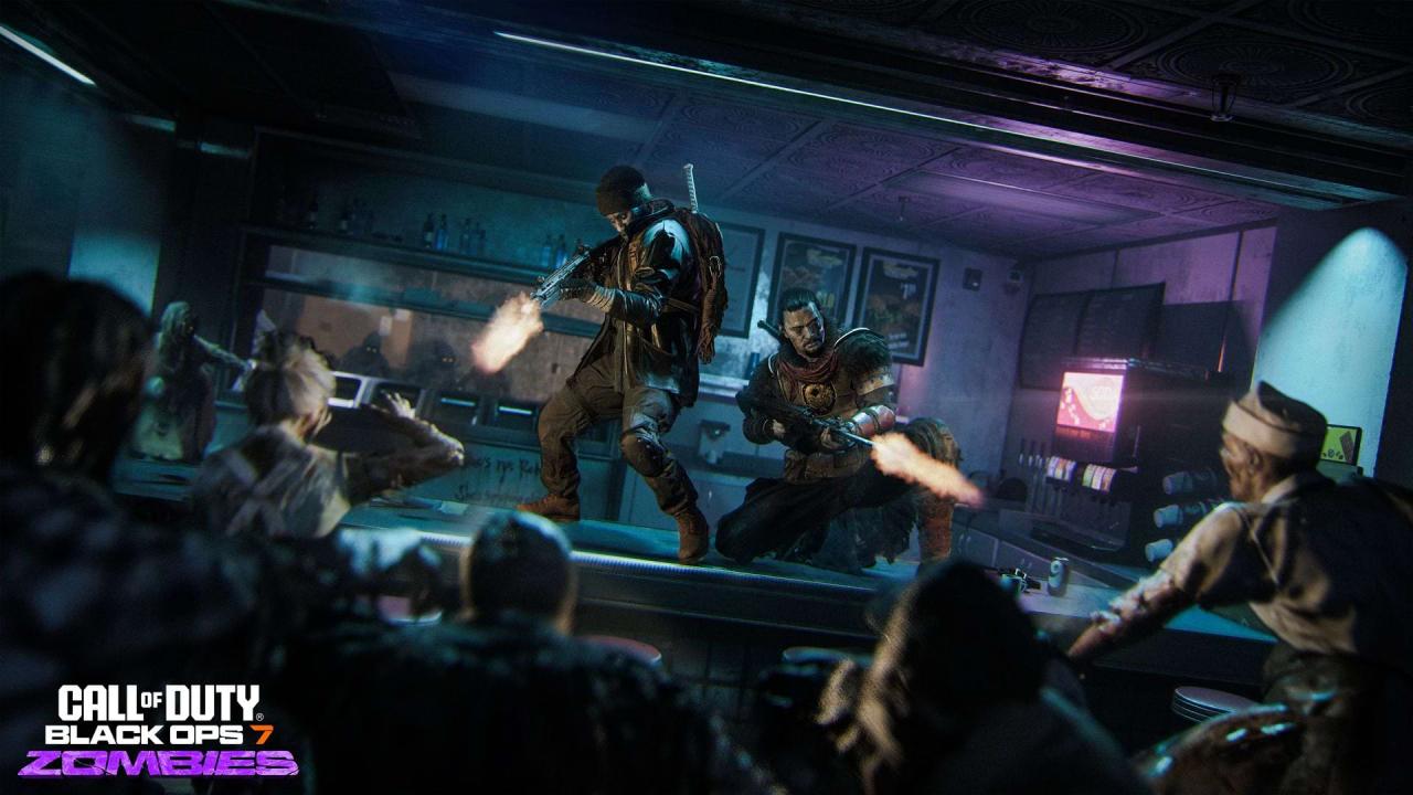 Call of Duty: Black Ops 7: Zwei Soldaten kämpfen in einem finseren Diner gegen eine Horde von Zombies an